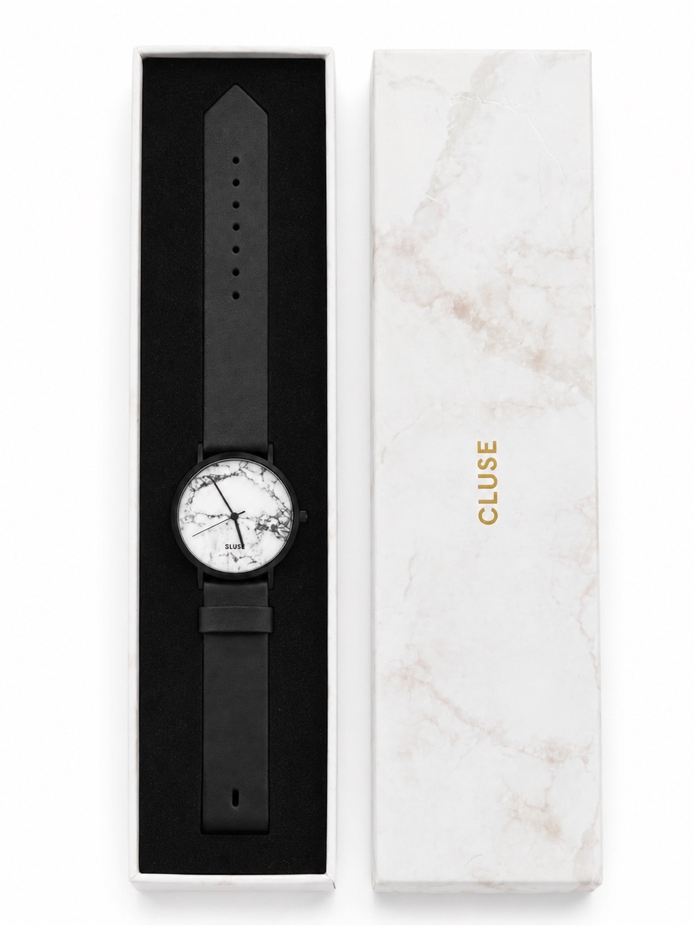 CLUSE La Roche Black & White Marble Dial Leather Watch with Box